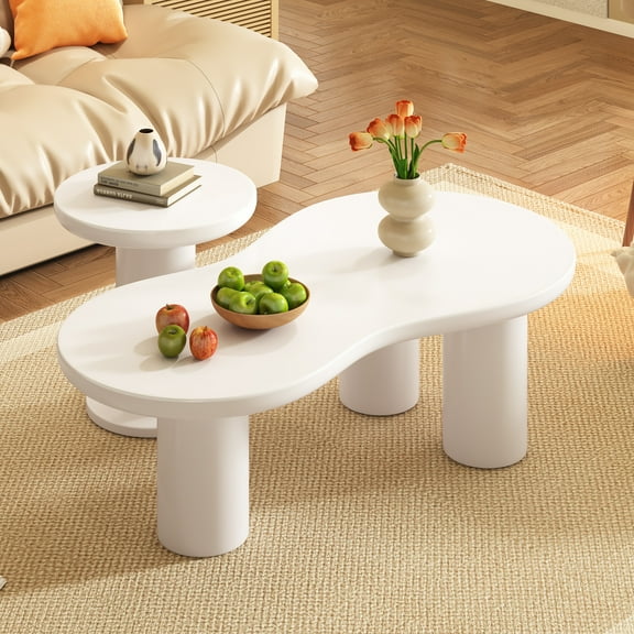 Dovelina Easy Assembly Nesting Coffee Table Set of 2, Cream Cloud Coffee Table & Round Side Table, Irregular Modern Center Table with Thick Legs for Living Room, White, 39.3" x 13.7", 15.7"