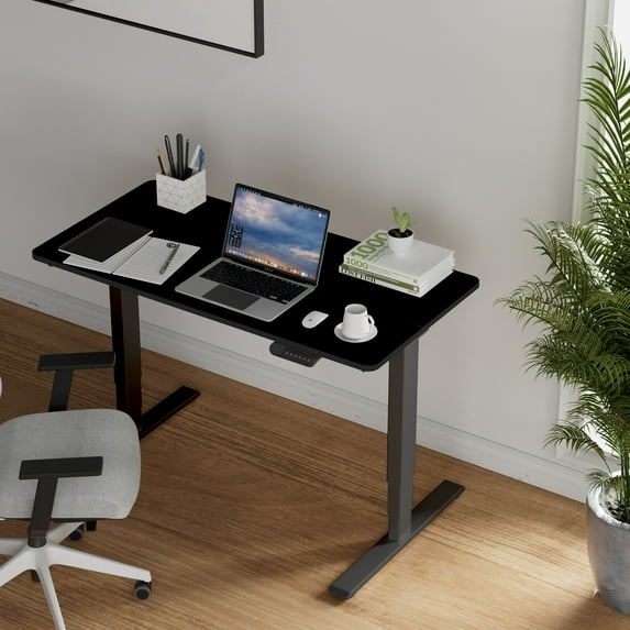 MAYEERTY Electric Standing Desk Dual Motor, 3-Stage Adjustable Height Desk for Home Office, Sit-Stand Computer Workstation, 55 x 28 inches (Black Frame + Black Top)