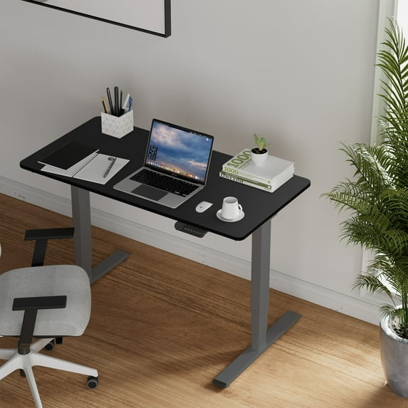 MAYEERTY Electric Standing Desk Dual Motor, 3-Stage Adjustable Height Desk for Home Office, Sit-Stand Computer Workstation, 55 x 28 inches (Grey Frame + Black Top)