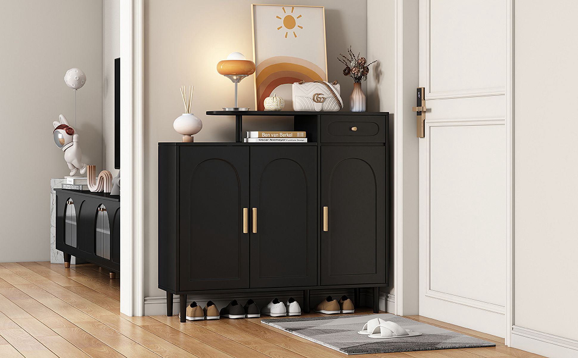 MAYEERTY Elegant Shoe Cabinet with Arched Doors and Drawer, Cream Style Storage Sideboard with Adjustable Shelves and Solid Wood Legs for Entryway, Living Room, Black