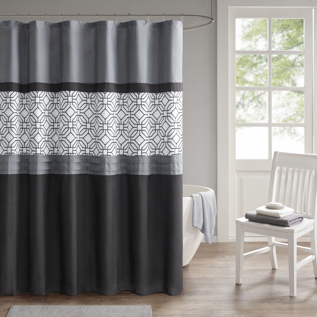 MAYEERTY Embroidered and Pieced Shower Curtain, Machine-Washable, Black+Grey
