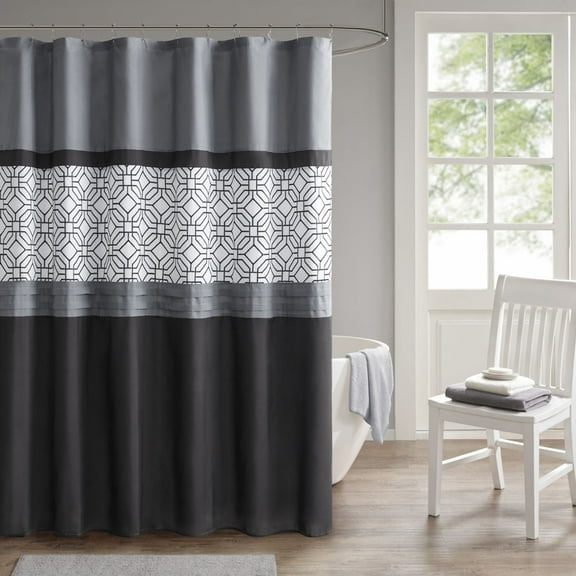 Dovelina Embroidered and Pieced Shower Curtain, Machine-Washable, Black+Grey