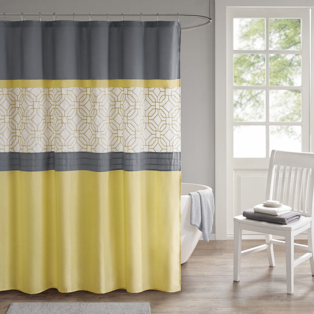 MAYEERTY Embroidered and Pieced Shower Curtain, Machine-Washable, Yellow+Grey