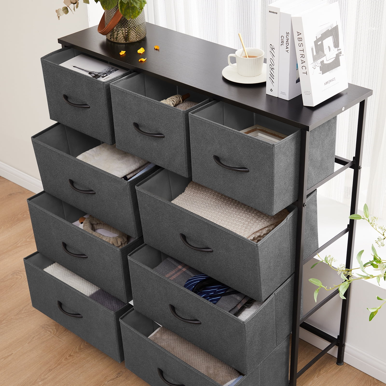 MAYEERTY Fabric Dresser with 9 Drawers for Storage and Organization, 39.4 Inch Tall Chest of Dresser, Gray