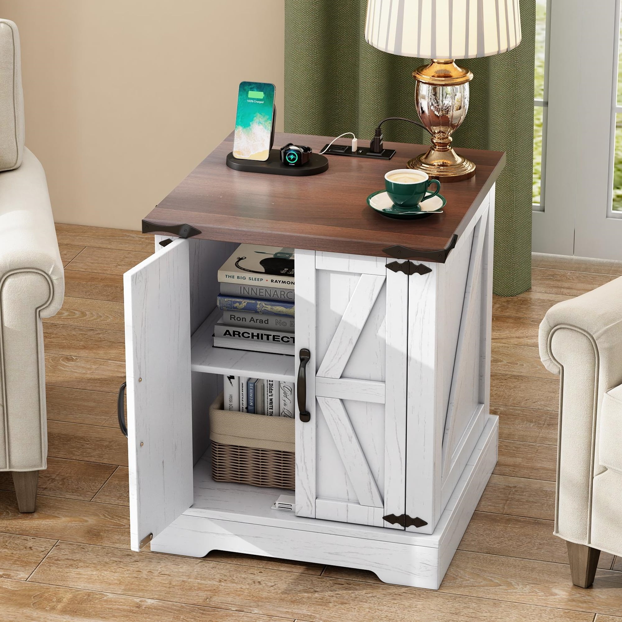 MAYEERTY Farmhouse End Table with Charging Station, Rustic Wood Nightstand with Adjustable Shelf, White