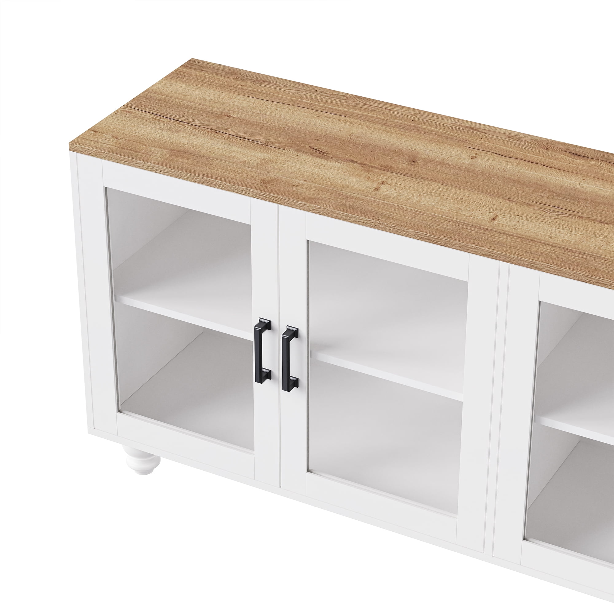 MAYEERTY Farmhouse TV Stand - Tempered Glass Doors, Fits 70" TVs, Adjustable Shelves