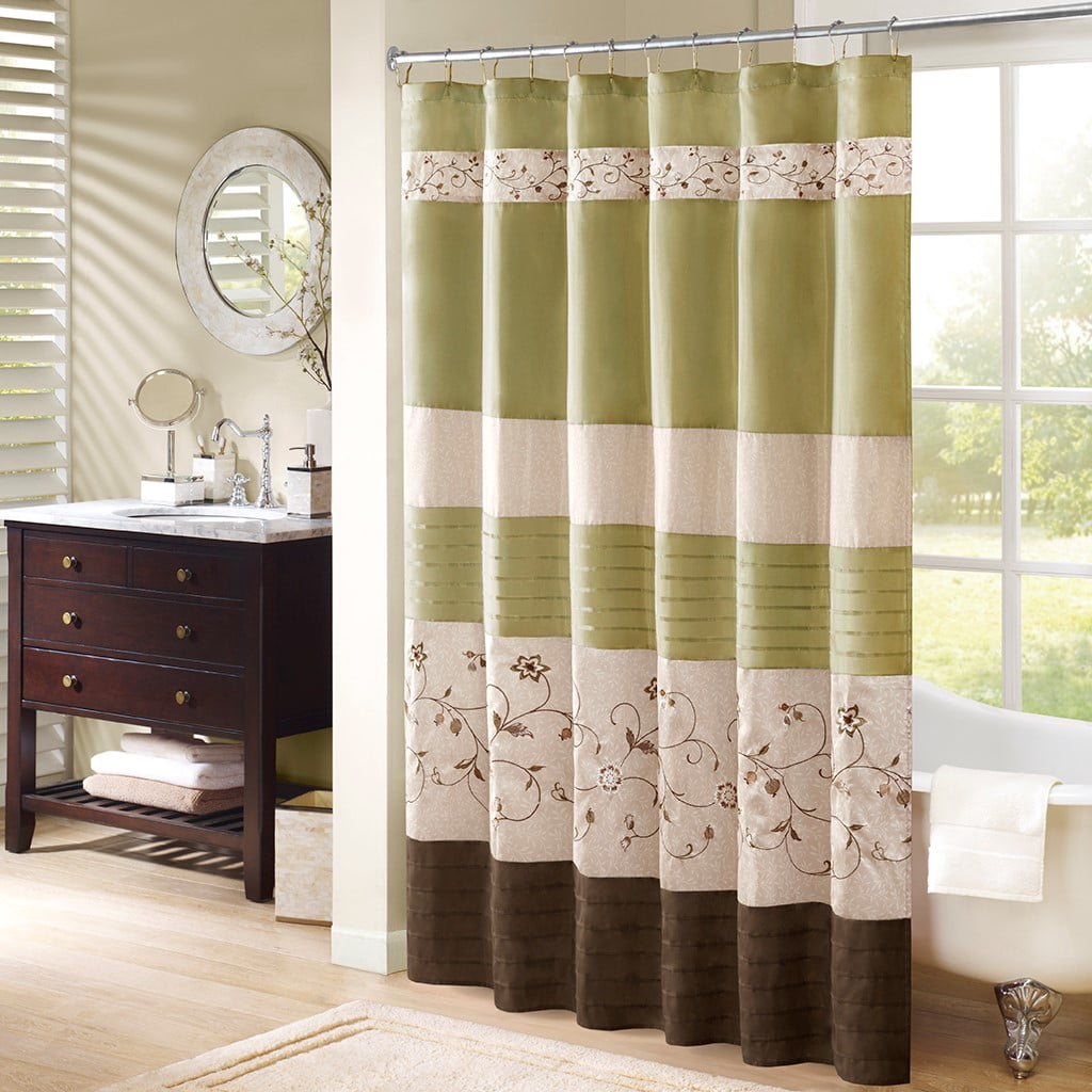 MAYEERTY Faux Silk Embroidered Floral Shower Curtain, Machine-Washable