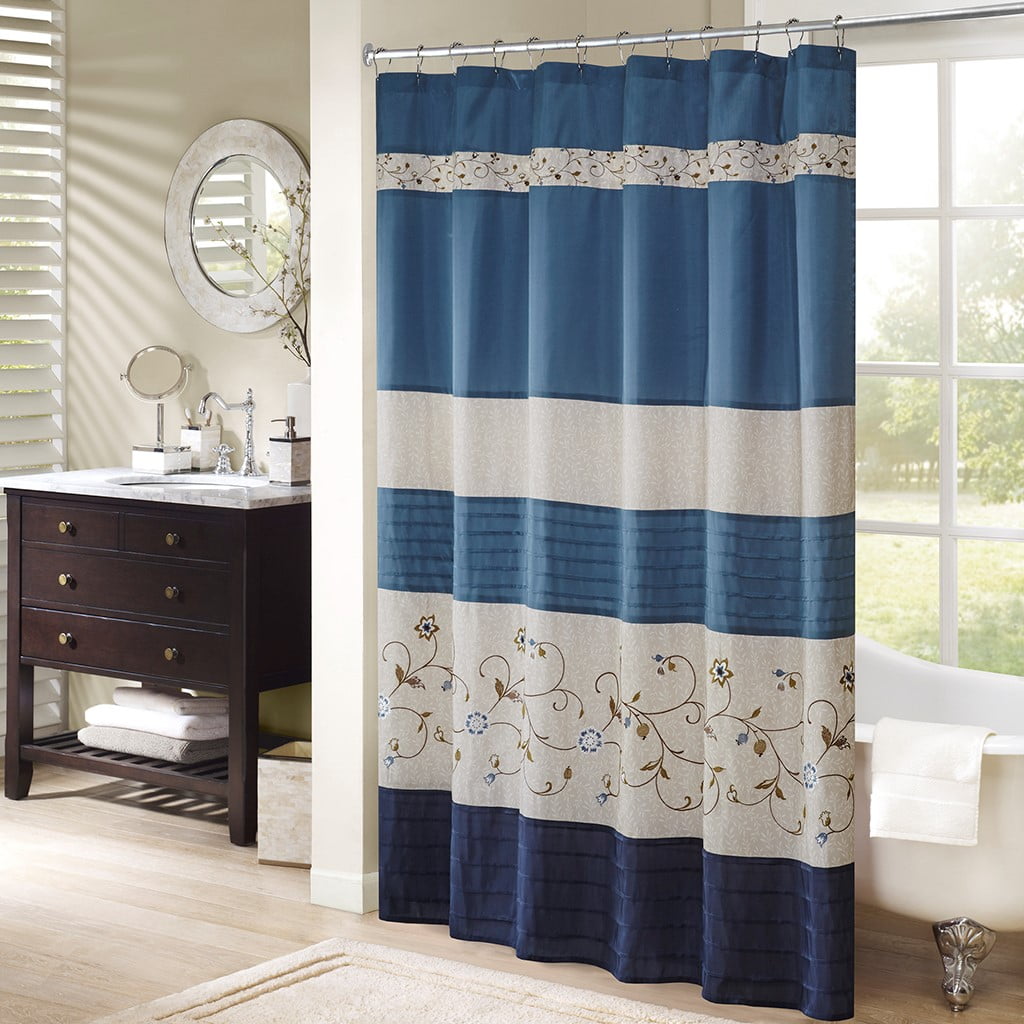 MAYEERTY Faux Silk Embroidered Floral Shower Curtain, Machine-Washable