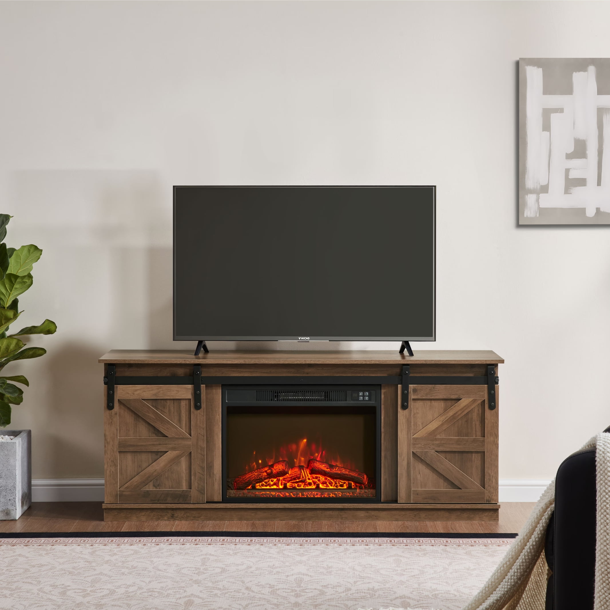 MAYEERTY Fireplace TV Stand for TVs Up to 65” with Sliding Barn Doors, Brown Entertainment Center
