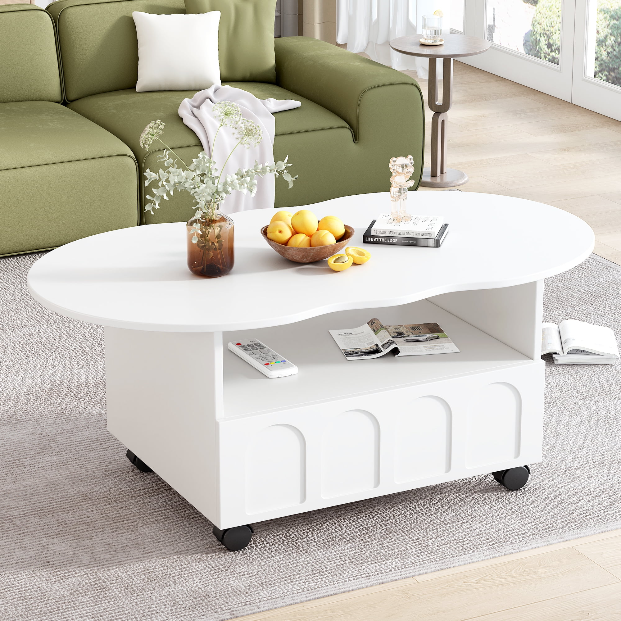MAYEERTY Flexible Cream Style Coffee Table with 2 Brake Wheels, Cloud Top Side Table with Drawer, Irregular Center Table with Large Storage for Living Room, White, 39.37''x 23.6''