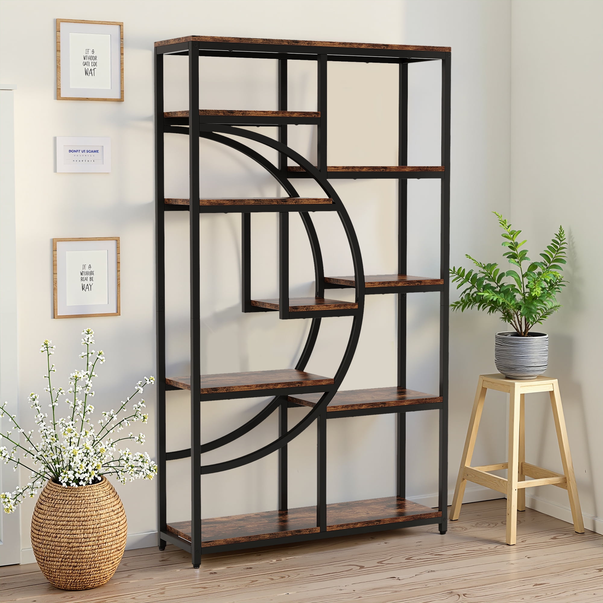MAYEERTY Industrial Half-Moon Etagere Bookcase, 68.9" 9 Open Storage Shelves Display Rack for Living Room, Bedroom & Home Office