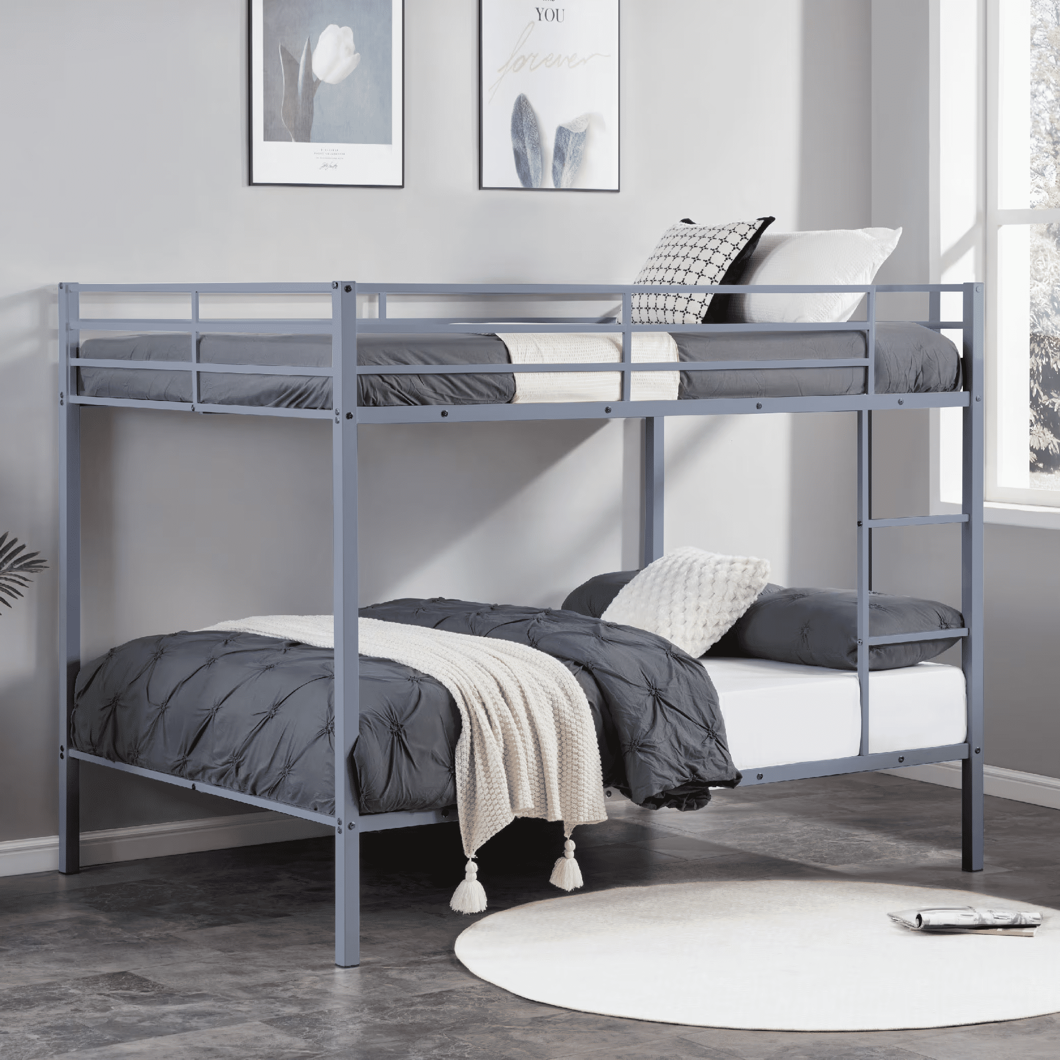 MAYEERTY Full Over Full Bunk Bed for Kids, Metal Bunk Bed Frame with Built-in Ladder, for Small Spaces, No Boxspring Required, Gray