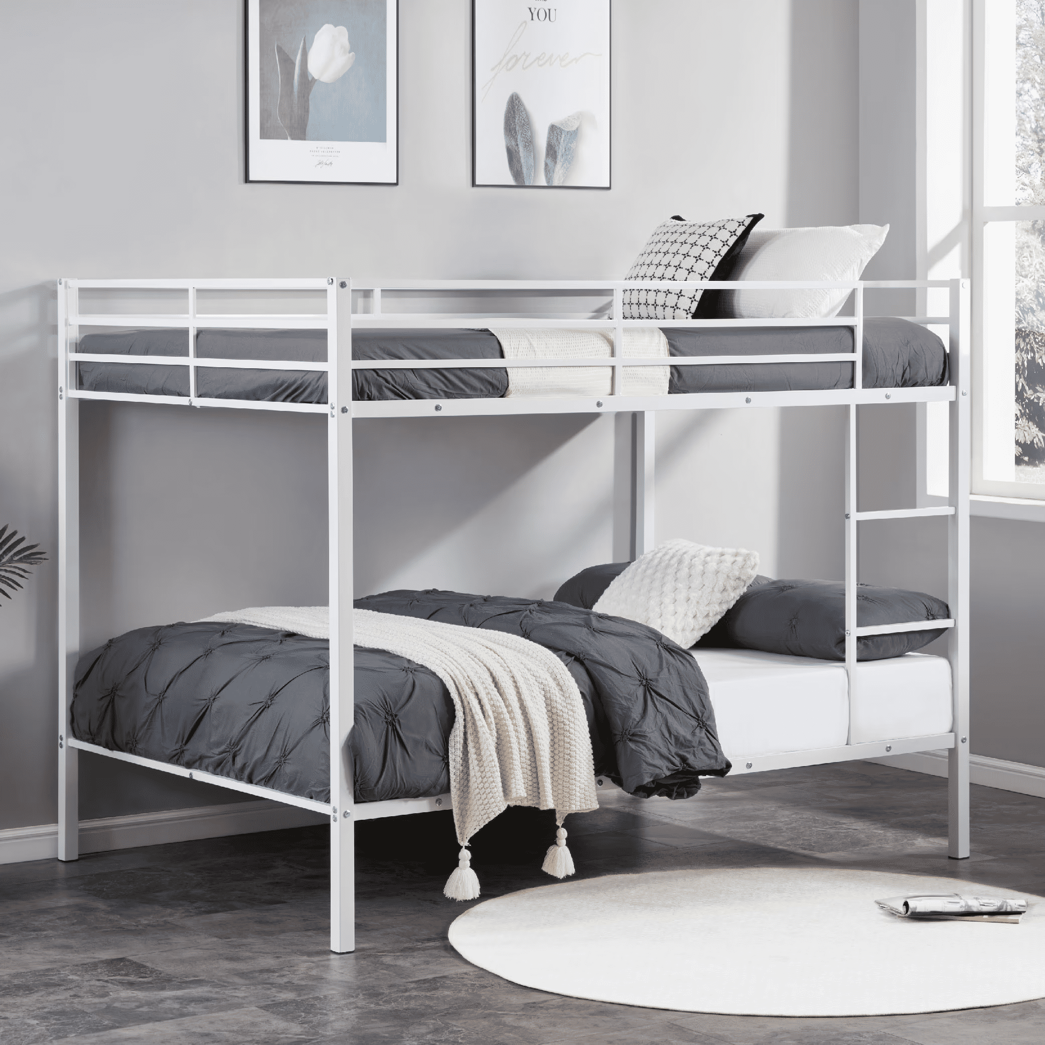 MAYEERTY Full Over Full Bunk Bed, Metal Bunk Bed Frame with Built-in Ladder, for Small Spaces, No Boxspring Required, White