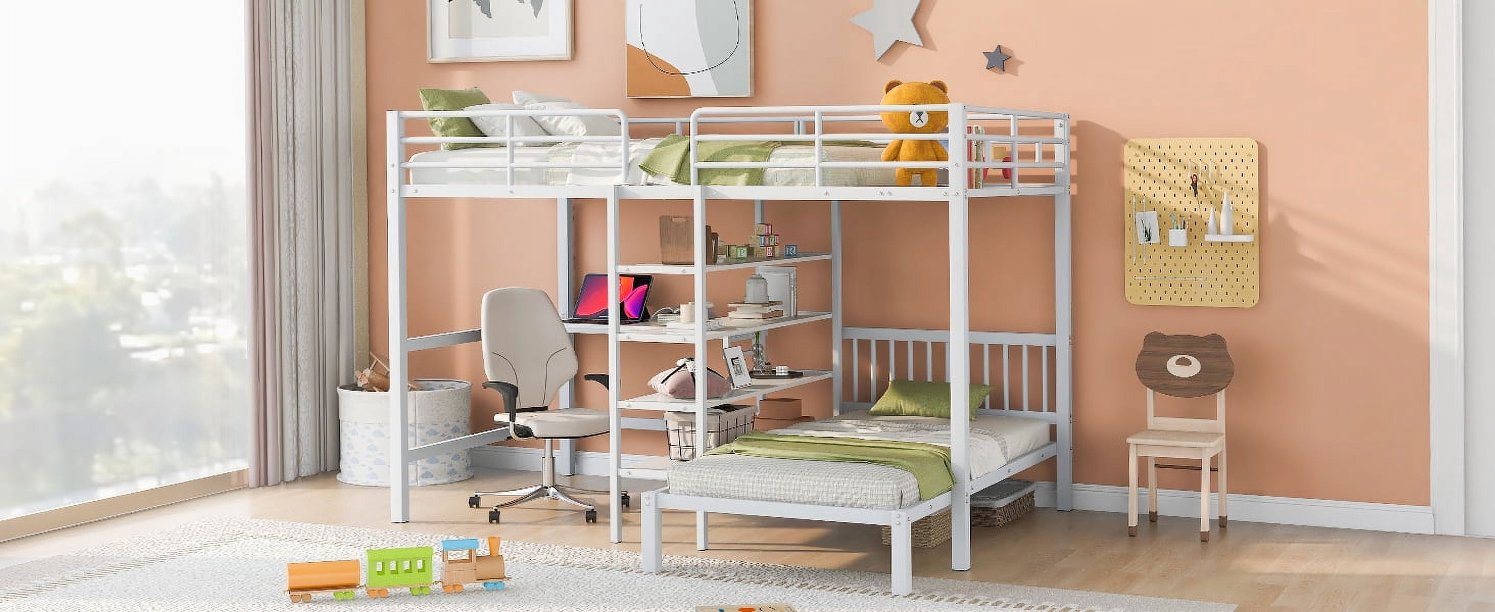 MAYEERTY Full Over Twin Metal Bunk Bed with Built-in Desk, Shelves and ...