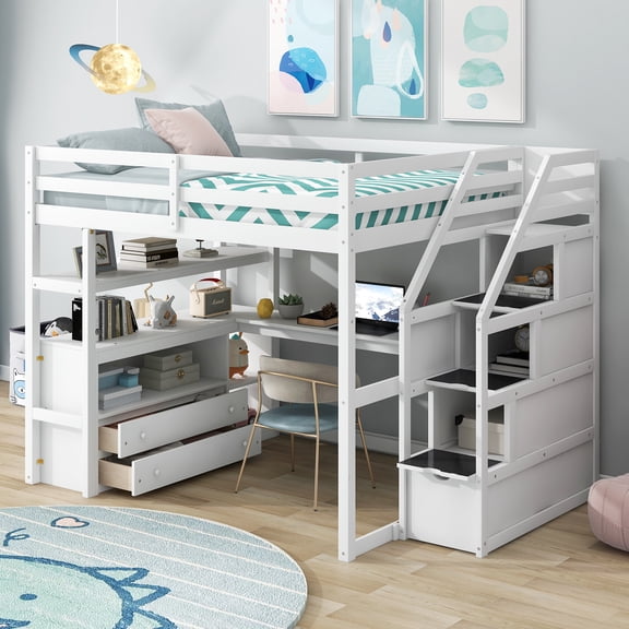 MAYEERTY Full Size Loft Bed - Desk, Shelves, 2 Built-in Drawers, Storage Staircase, White