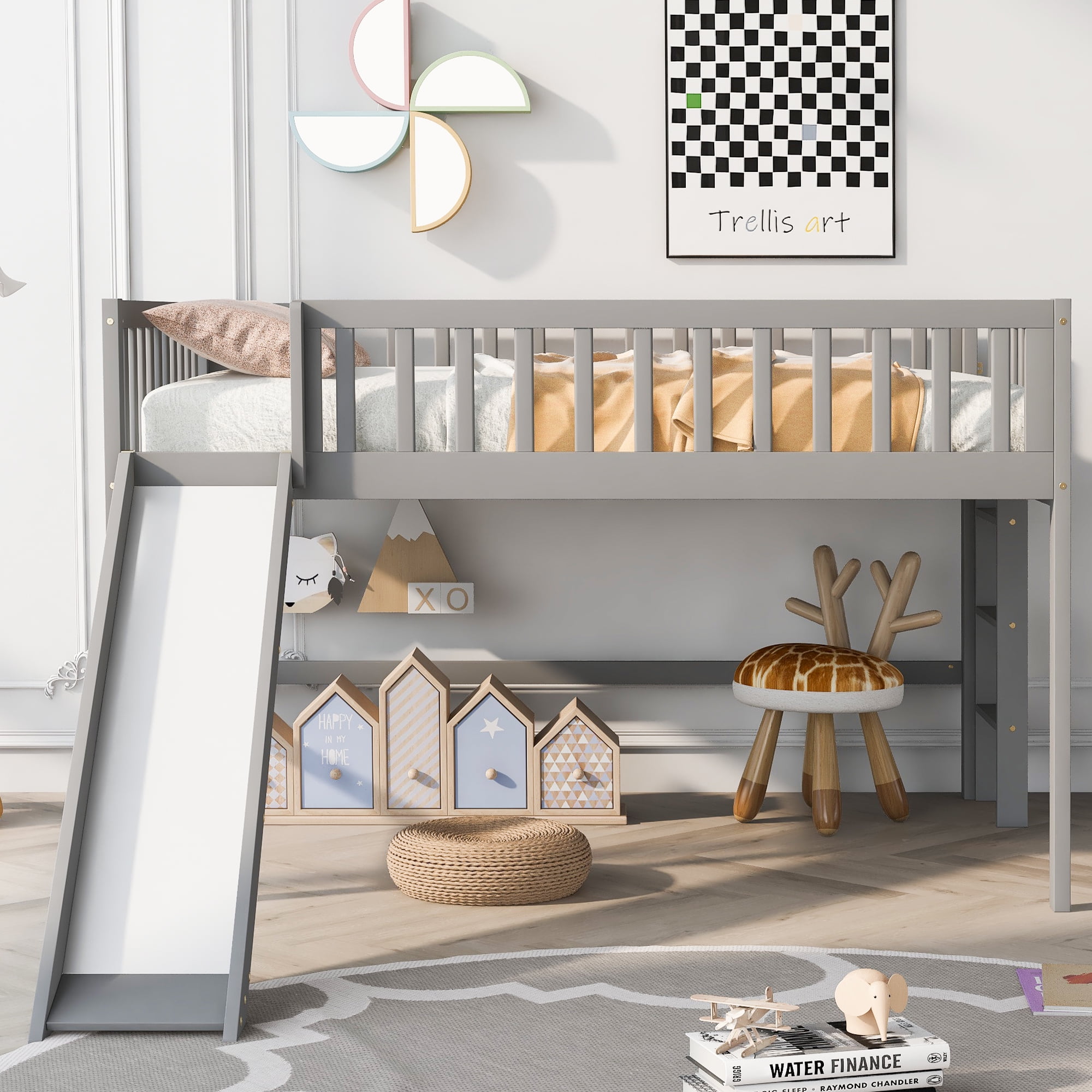 MAYEERTY Full Size Low Loft Bed with Ladder and Slide,Gray
