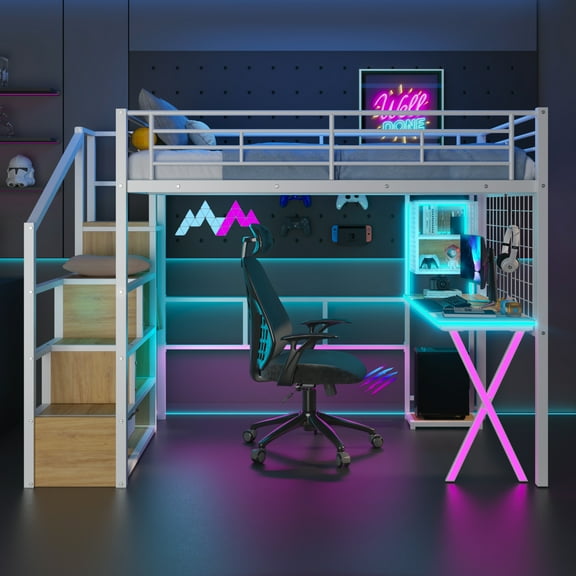 MAYEERTY Full Size White Metal Loft Bed - Built-in Work Station, Wardrobe, Storage Staircase & LED