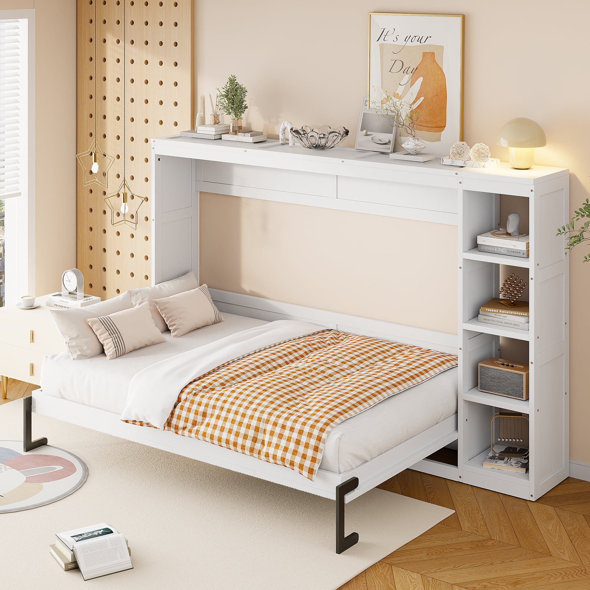 MAYEERTY Full Size Murphy Bed - Built-in Bookshelf, White