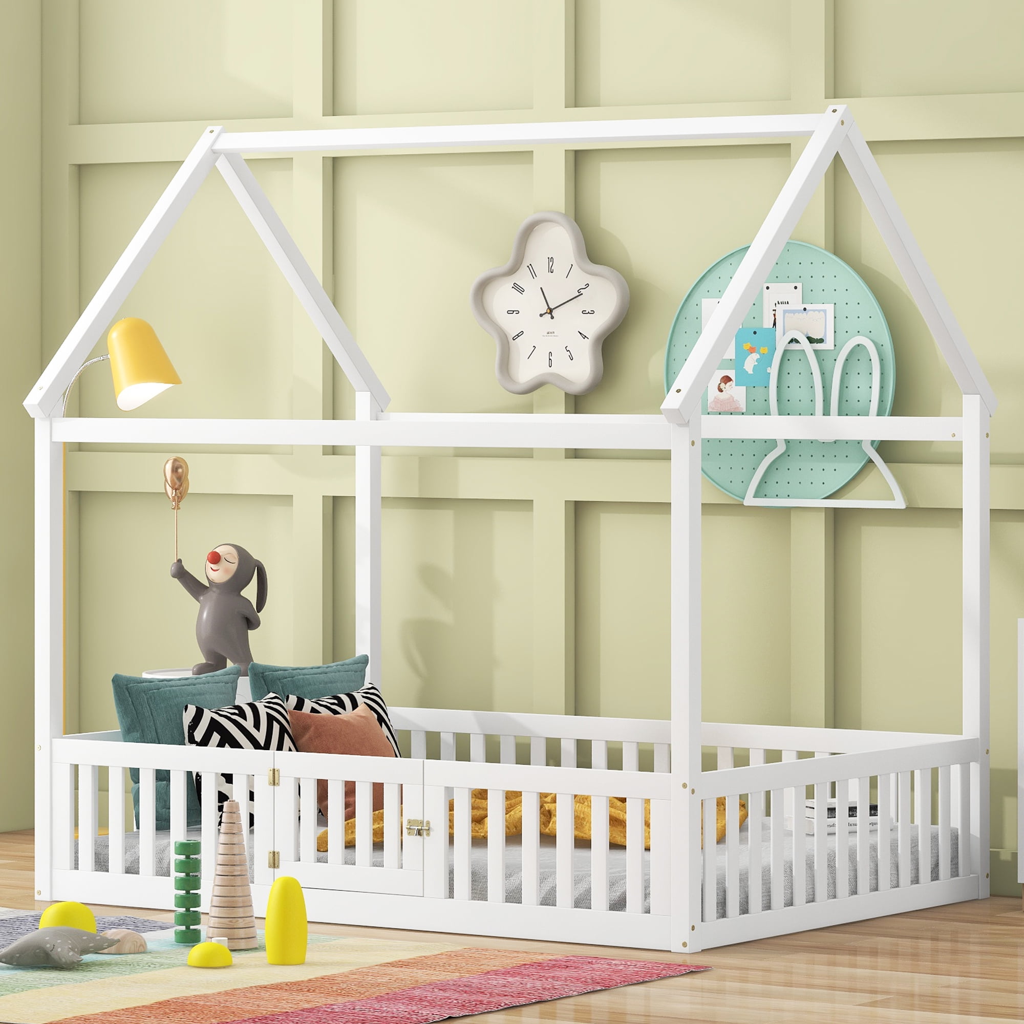 MAYEERTY Full Size Wood House Bed with Fence and Door, White