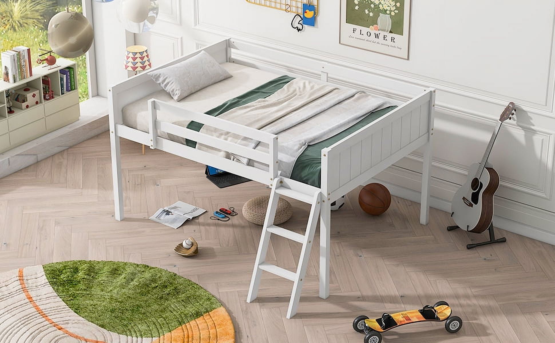 MAYEERTY Full Size Wood Low Loft Bed with Ladder, ladder can be placed on the left or right, White