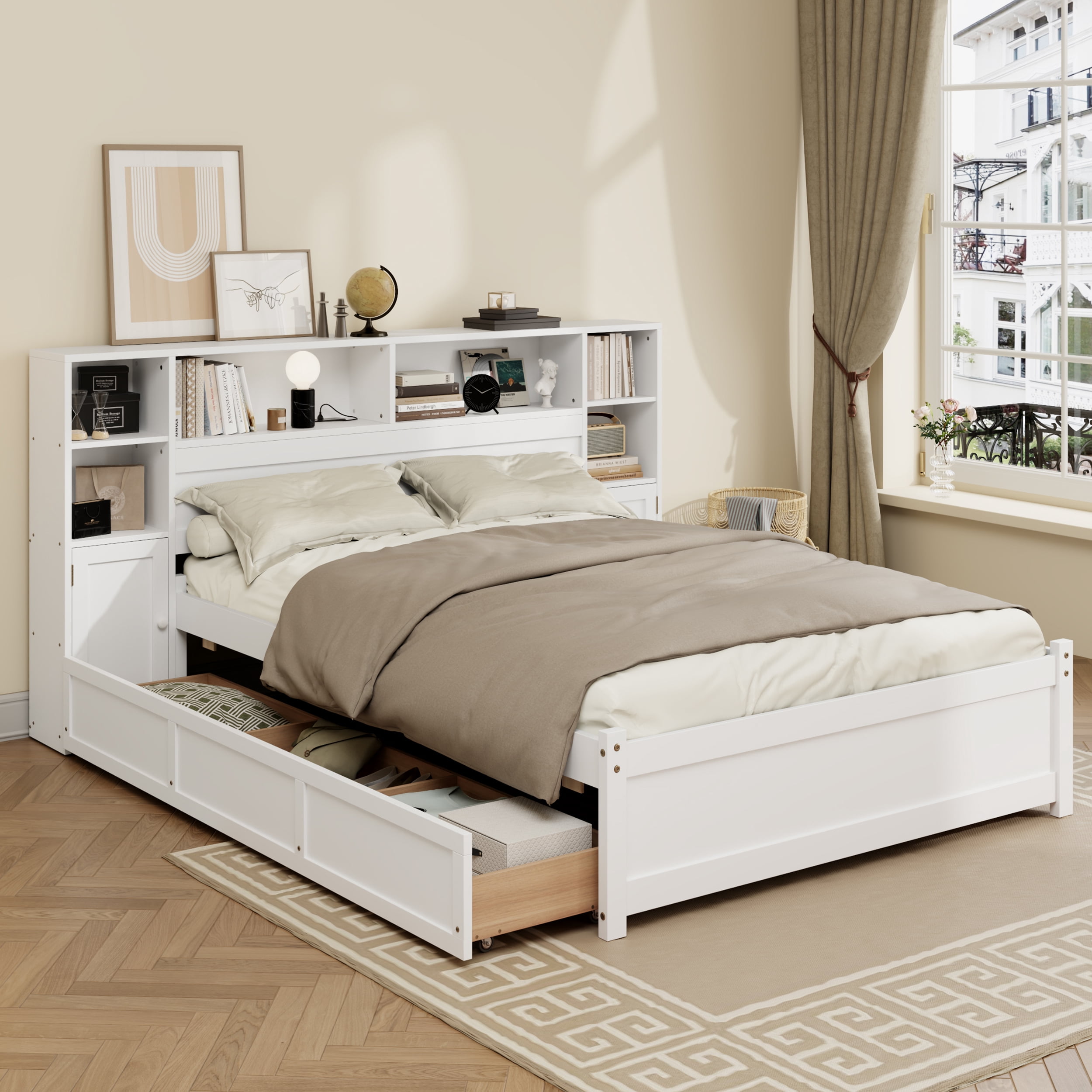 MAYEERTY Twin White Wooden Storage Bed Bookcase Headboard 6 Drawers Charging for Teens Adults