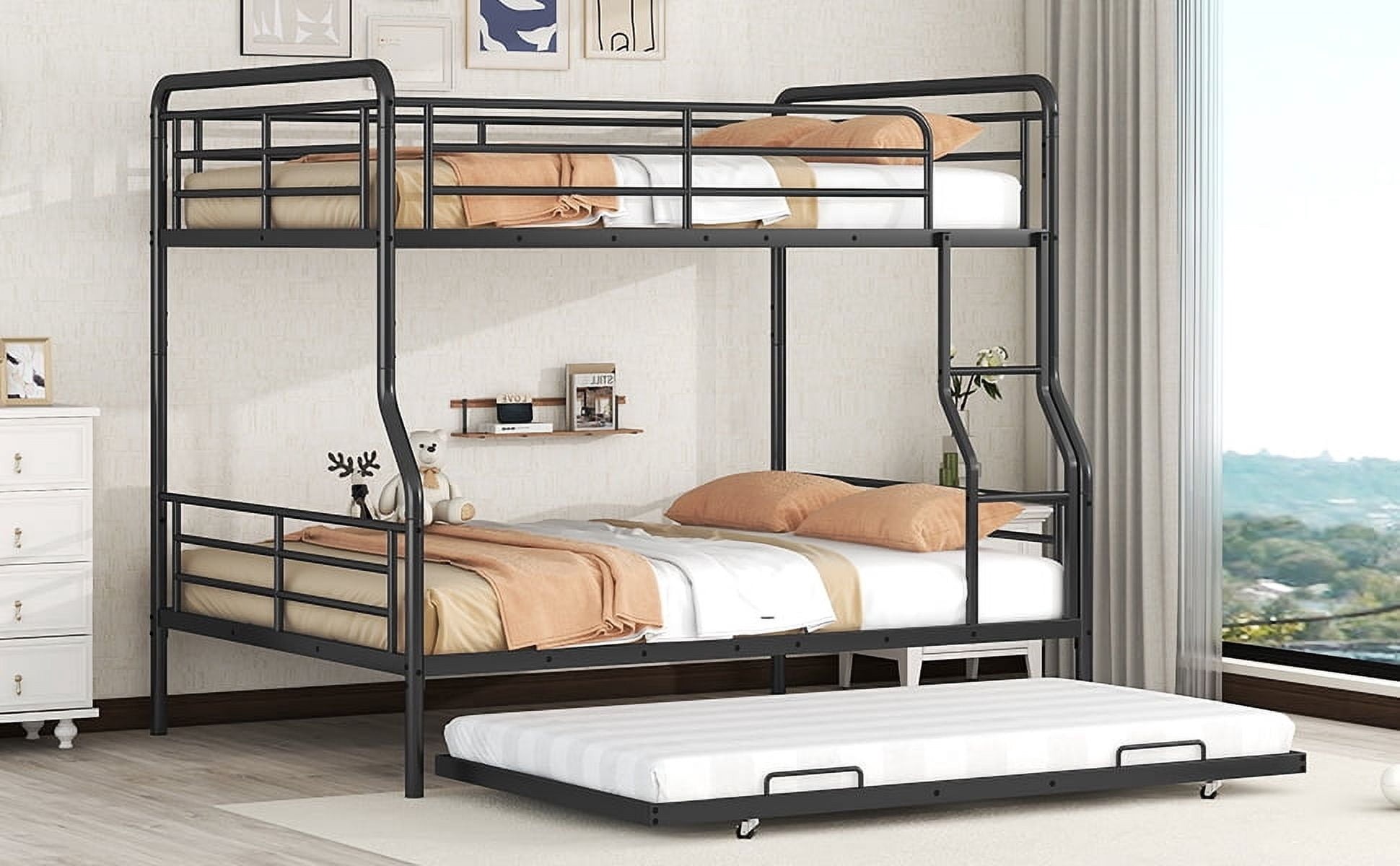 MAYEERTY Full XL Over Queen Metal Bunk Bed Frame with Twin Size Trundle for Kids and Adults, with Full-Length Guardrail, Black