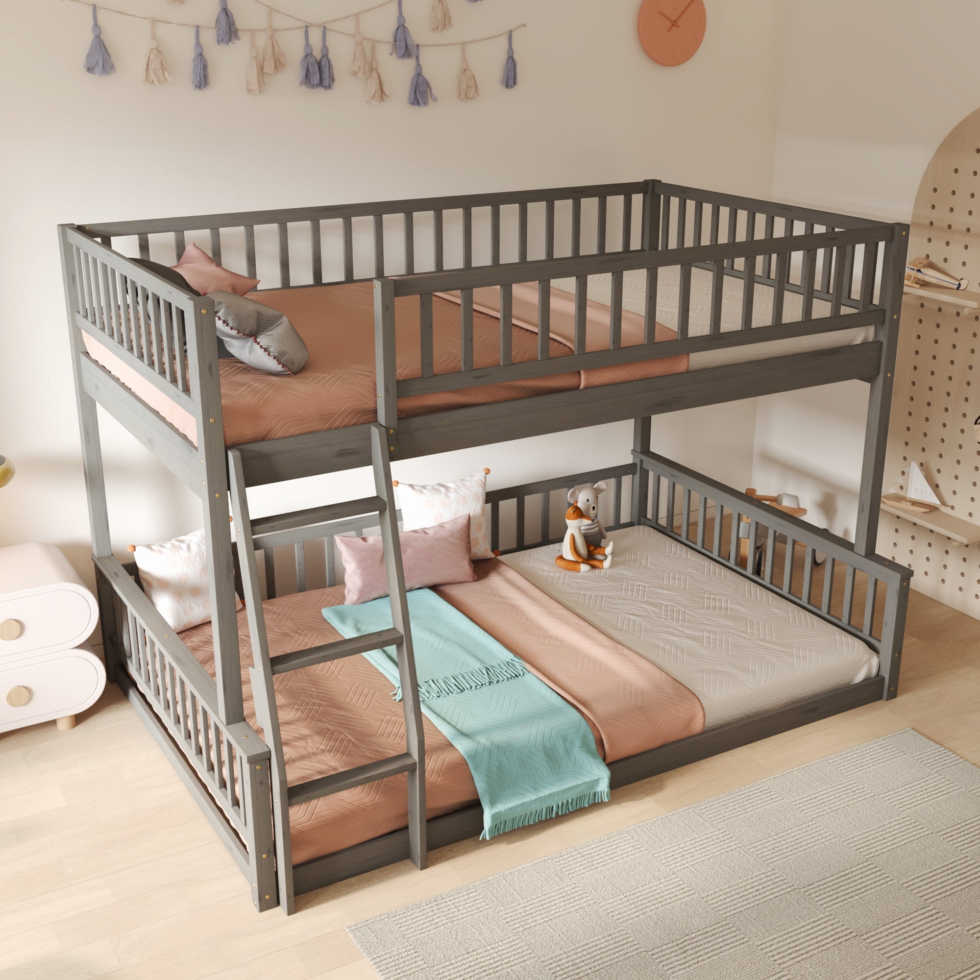 MAYEERTY Full XL over Queen Bunk Bed with Ladder and Guardrails, Gray