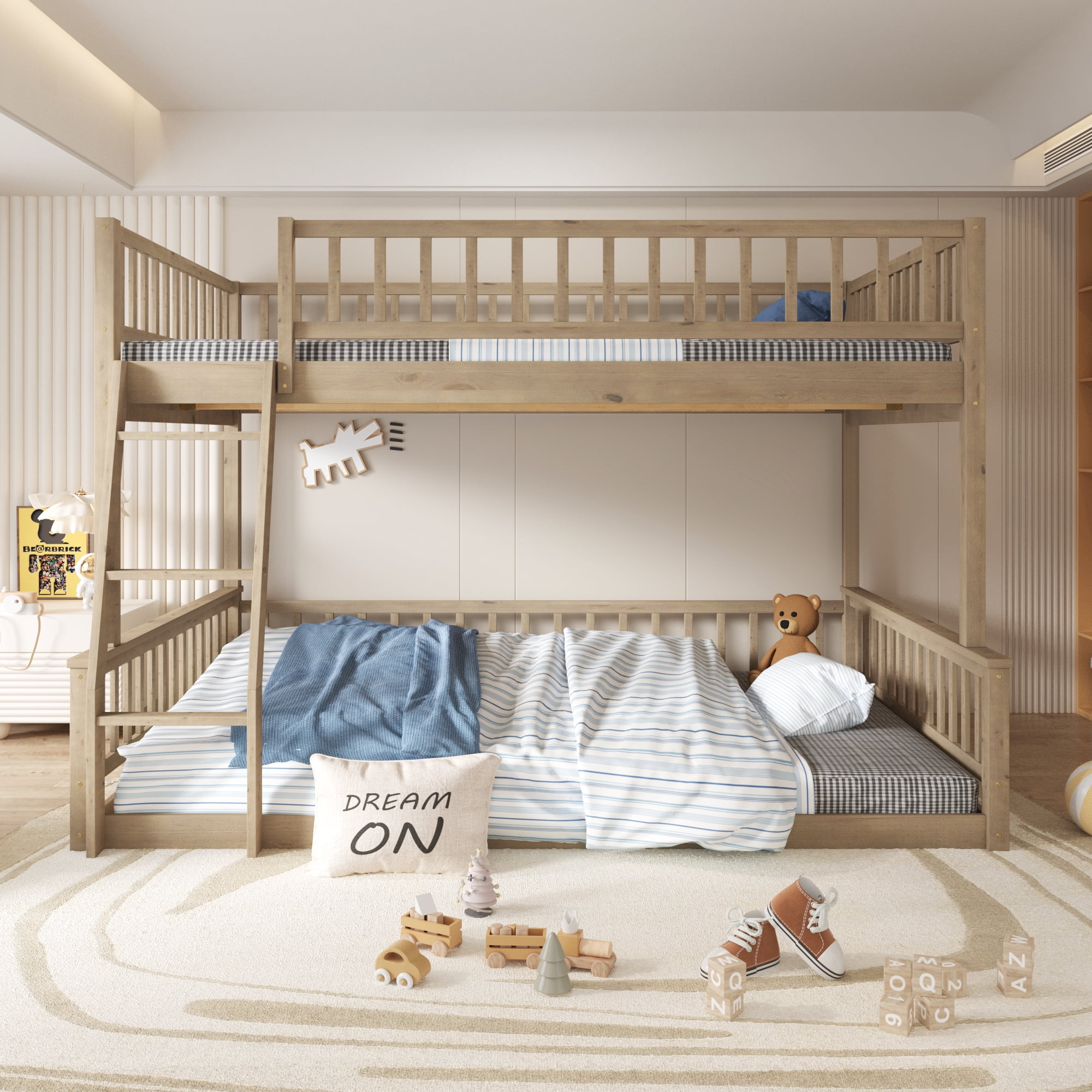MAYEERTY Full XL over Queen Bunk Bed with Ladder and Guardrails, Walnut