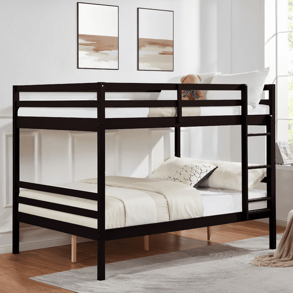 MAYEERTY Full over Full Bunk Bed with Ladder, Wooden Bed Frame with High Guardrail and Ladder for Kids, No Box Spring Needed, Espresso