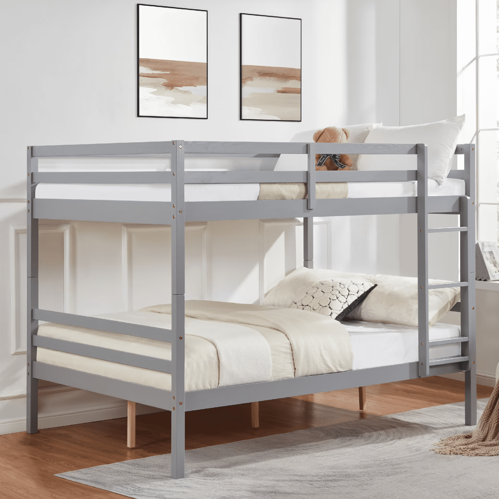 MAYEERTY Full over Full Bunk Bed with Ladder, Wooden Bed Frame with High Guardrail and Ladder for Kids, No Box Spring Needed, Grey