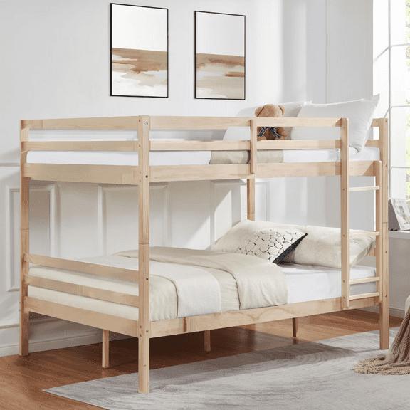MAYEERTY Full over Full Bunk Bed with Ladder, Wooden Bed Frame with High Guardrail and Ladder for Kids, No Box Spring Needed, Natural