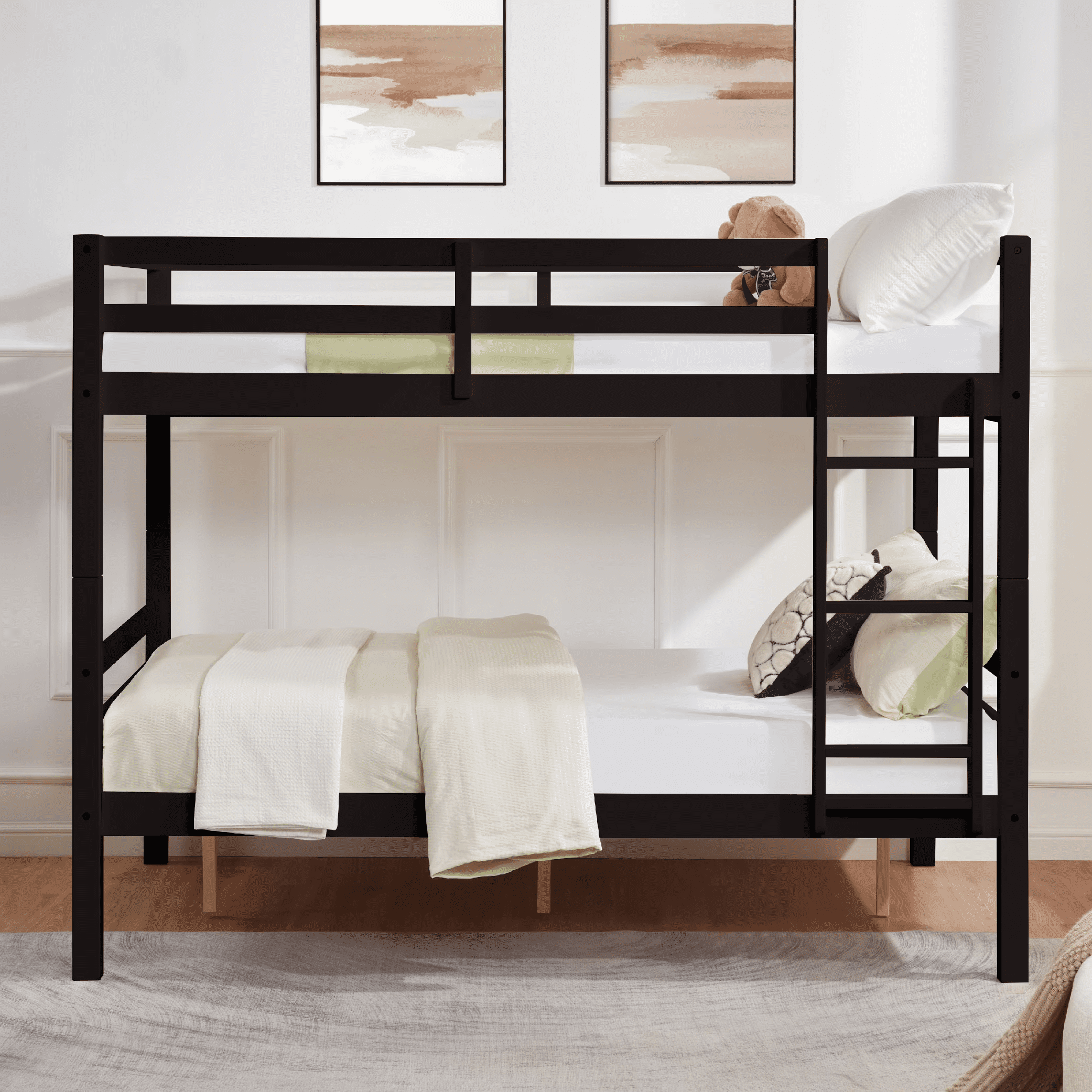 MAYEERTY Full over Full Bunk Bed with Thick Posts, Wooden Bed Frame with High Guardrail and Ladder for Teens, No Box Spring Needed, Espresso