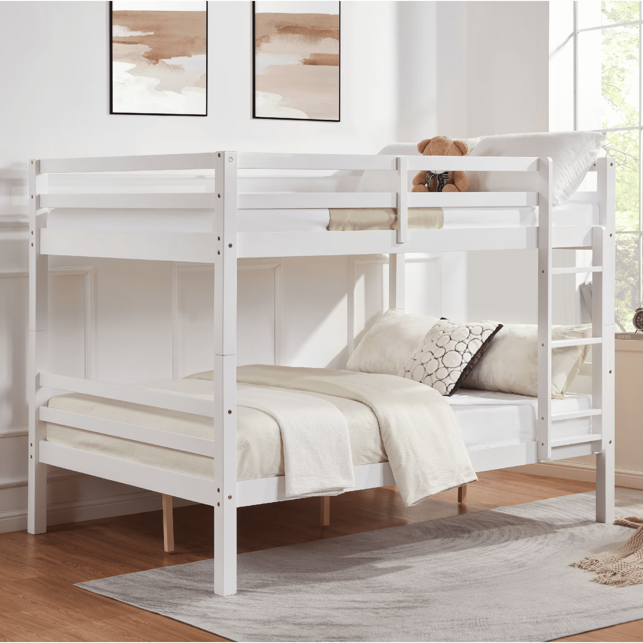 MAYEERTY Full over Full Bunk Bed with Thick Posts, Wooden Bed Frame with High Guardrail and Ladder for Teens, No Box Spring Needed, White