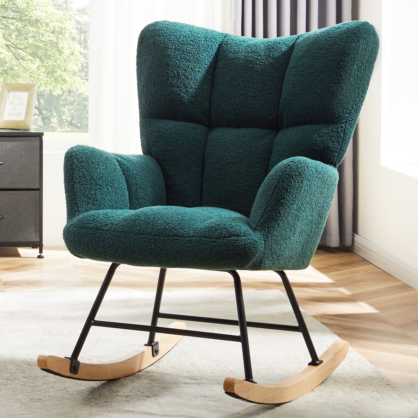 MAYEERTY Green Nursery Rocking Chair Teddy, High Backrest, Comfortable Stylish with Padded Seat for Living Rooms, Bedrooms, Offices