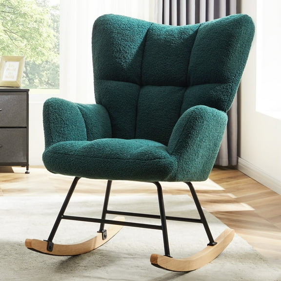 Dovelina Green Nursery Rocking Chair Teddy, High Backrest, Comfortable Stylish with Padded Seat for Living Rooms, Bedrooms, Offices