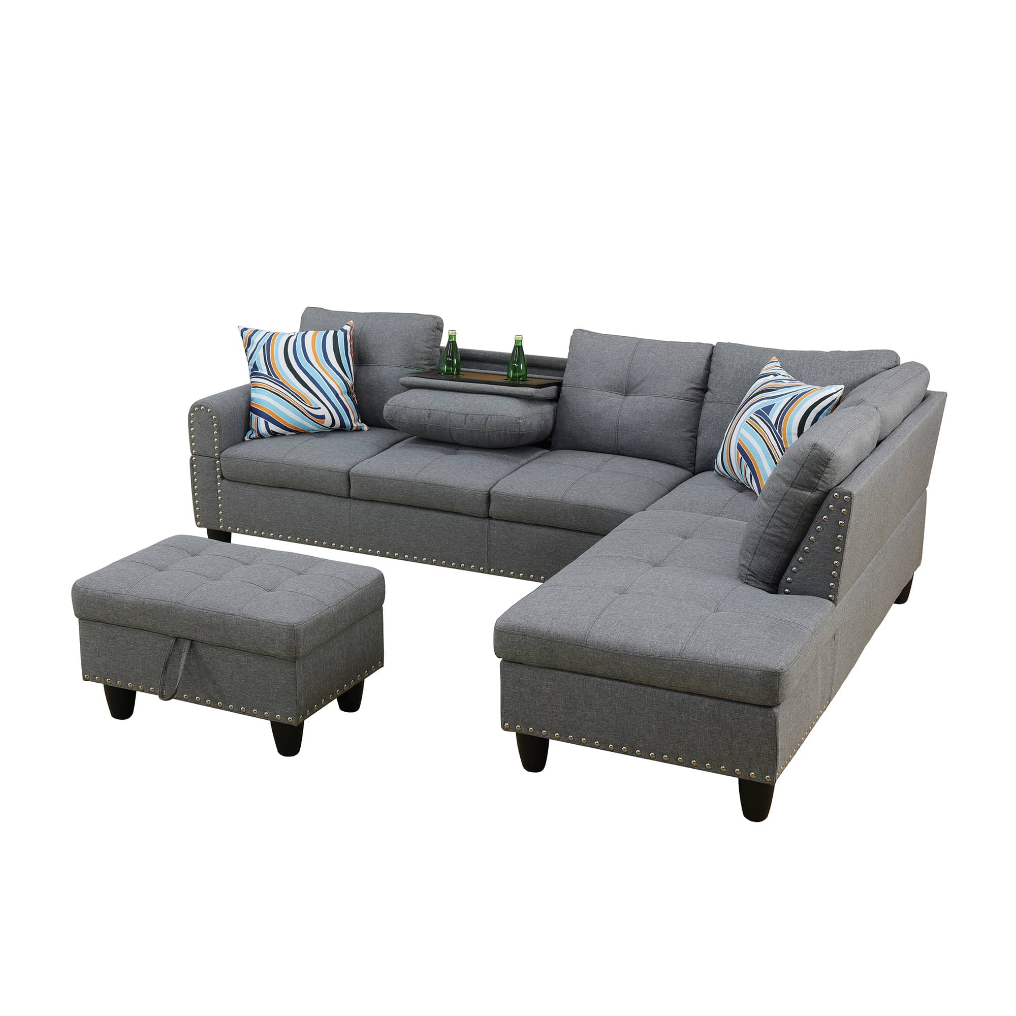 MAYEERTY 97.5" Sectional Sofa with L-Shape Chaise, 3-Piece Linen Sofa Couch for Living Room, Grey
