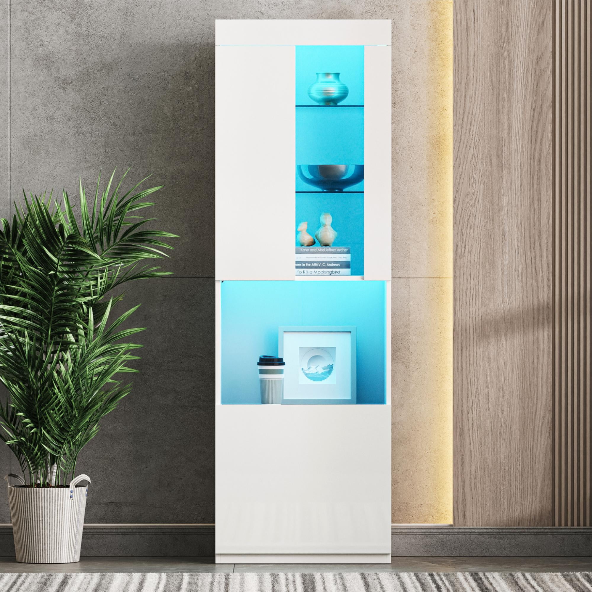 MAYEERTY High Gloss Storage Cabinet with LED Lights, 67" Tall Pantry Cabinet, Modern Bookcase & Display Cabinet, White
