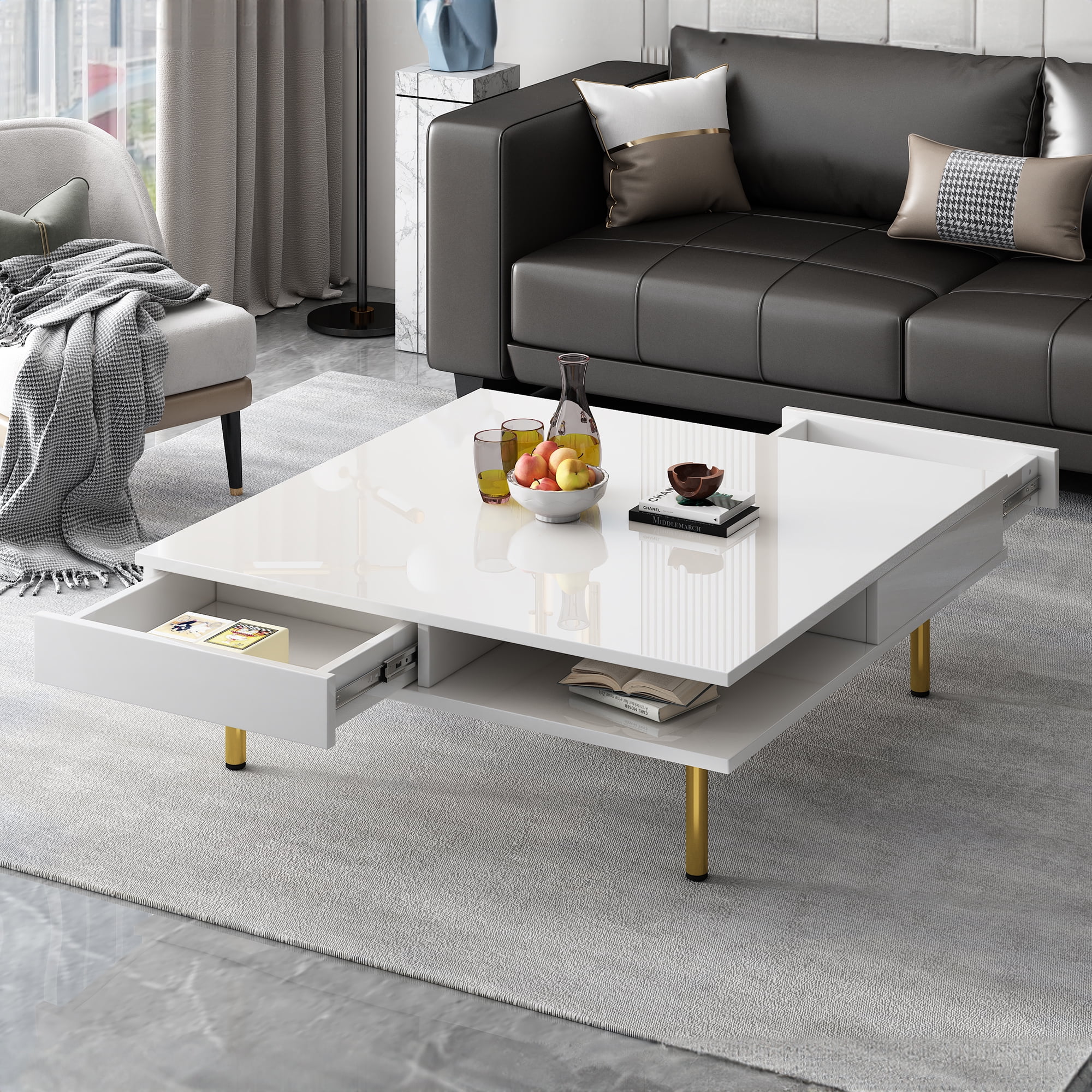 MAYEERTY High Gloss White Coffee Table with 4 Golden Legs, 2 Small Drawers, 2-Tier Square Center Table for Living Room, Modern Storage Table with Open Shelves, Elegant Coffee Table with Storage,White