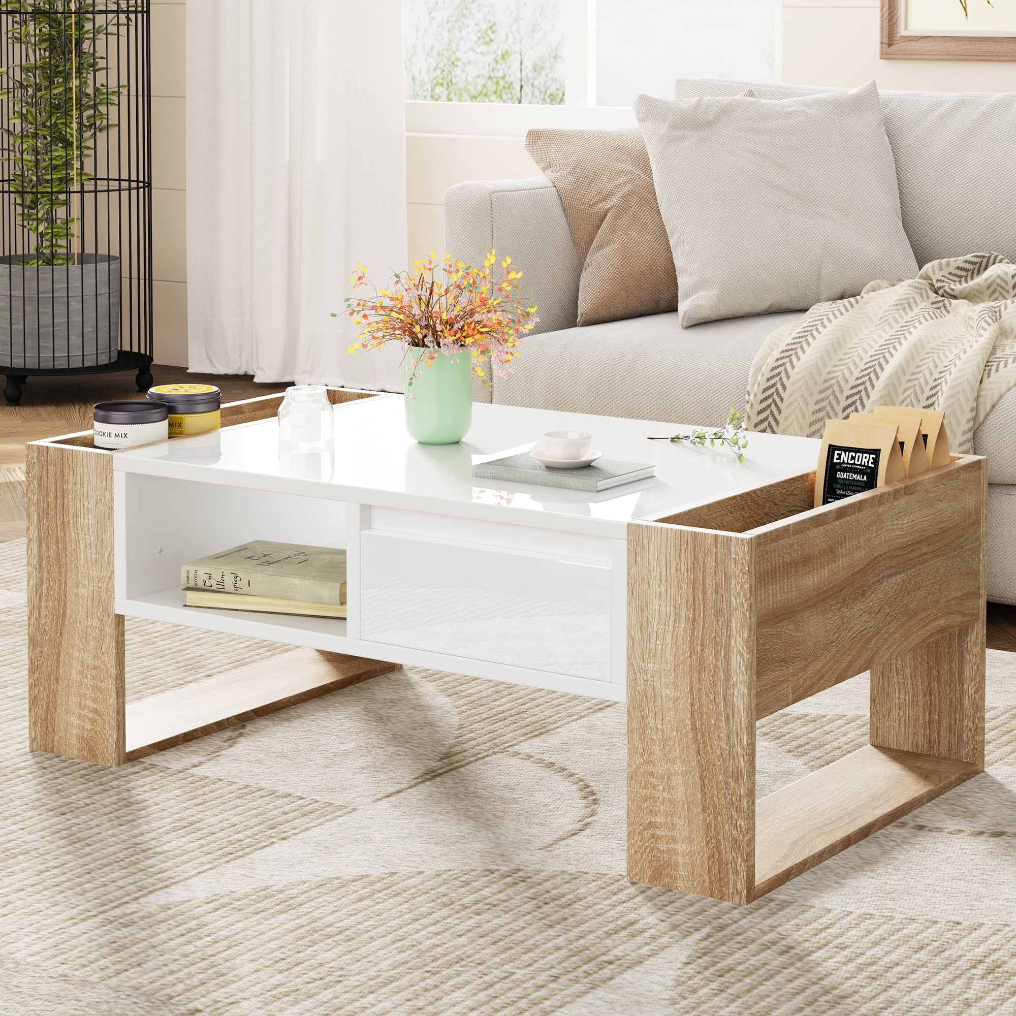 MAYEERTY High Glossy Coffee Table with 2 Drawers & Open Storage Shelf, Two-Tone Rectangle Center Table with Hidden Compartments, Modern Cocktail Table for Living Room, Bedroom, White, 41.3 x 23.6"
