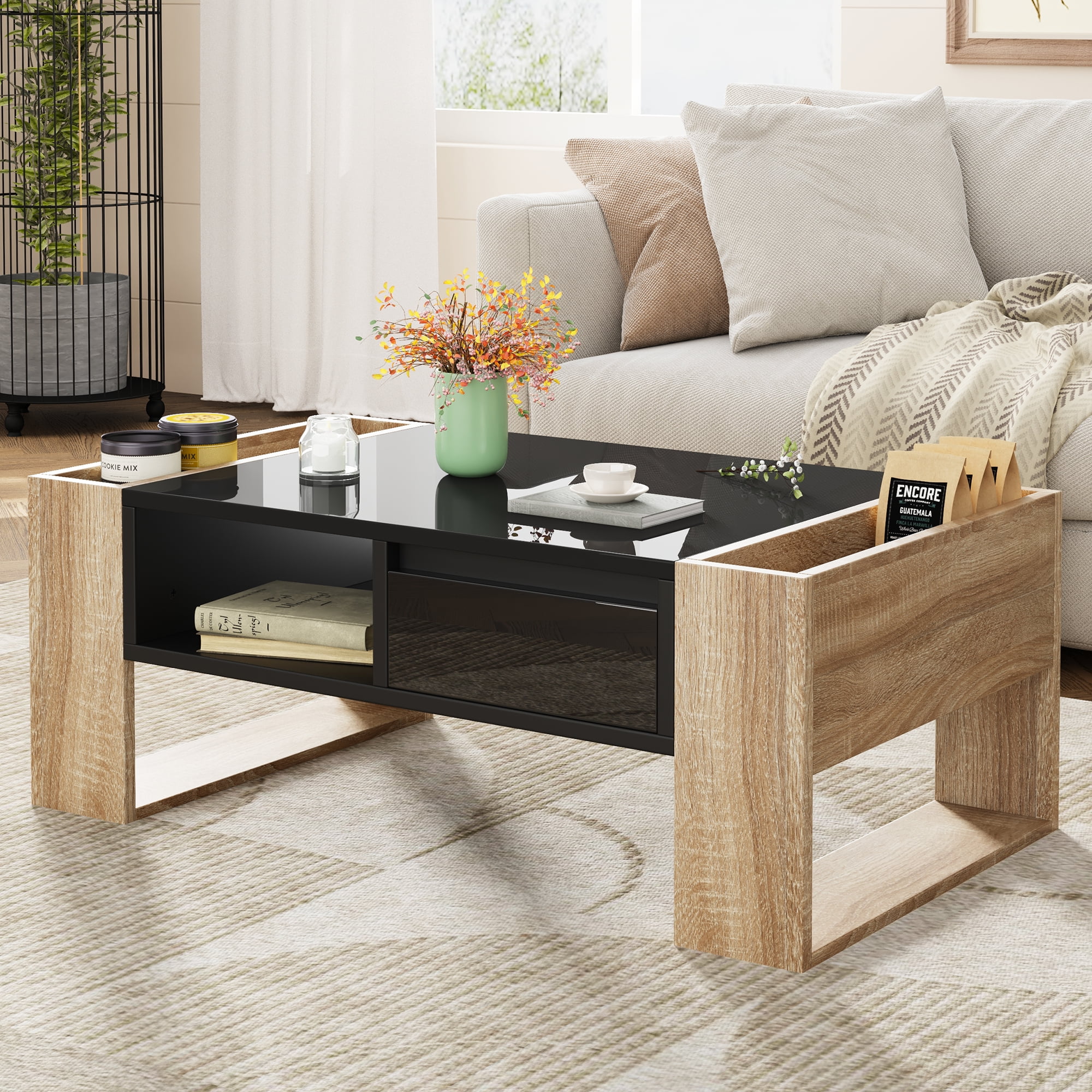 MAYEERTY High Glossy Coffee Table with 2 Drawers & Open Storage Shelf, Two-Tone Rectangle Center Table with Hidden Compartments, Modern Cocktail Table for Living Room, Bedroom, Black, 41.3 x 23.6"