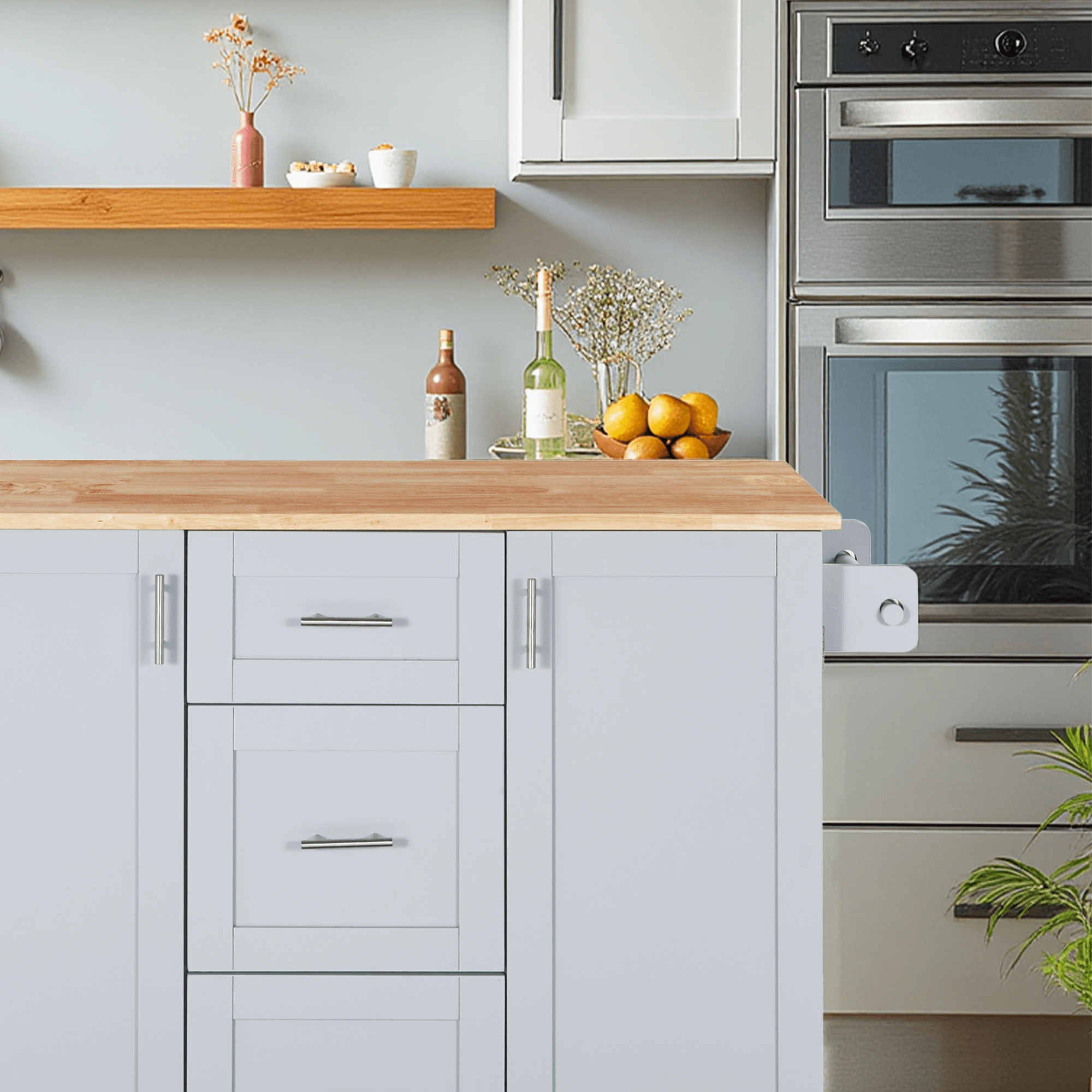 MAYEERTY Kitchen Island on 5 Wheels - Storage Cabinet & 3 Drawers for Dining Room, White