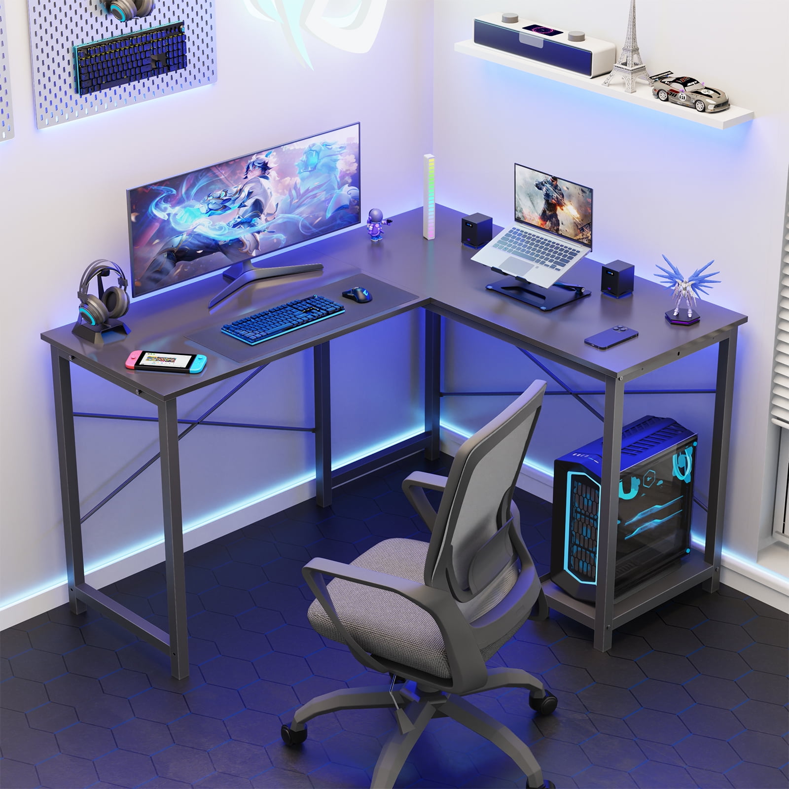 MAYEERTY L Shaped Computer Desk with Wooden Desktop CPU Stand Side Bag , Black