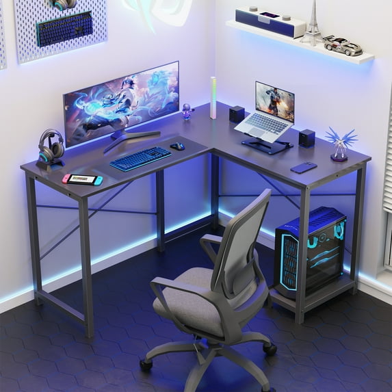 Dovelina L Shaped Computer Desk with Wooden Desktop CPU Stand Side Bag , Black