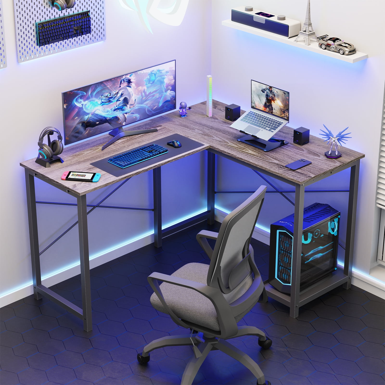 Dovelina L Shaped Computer Desk with Wooden Desktop CPU Stand Side Bag , Gray