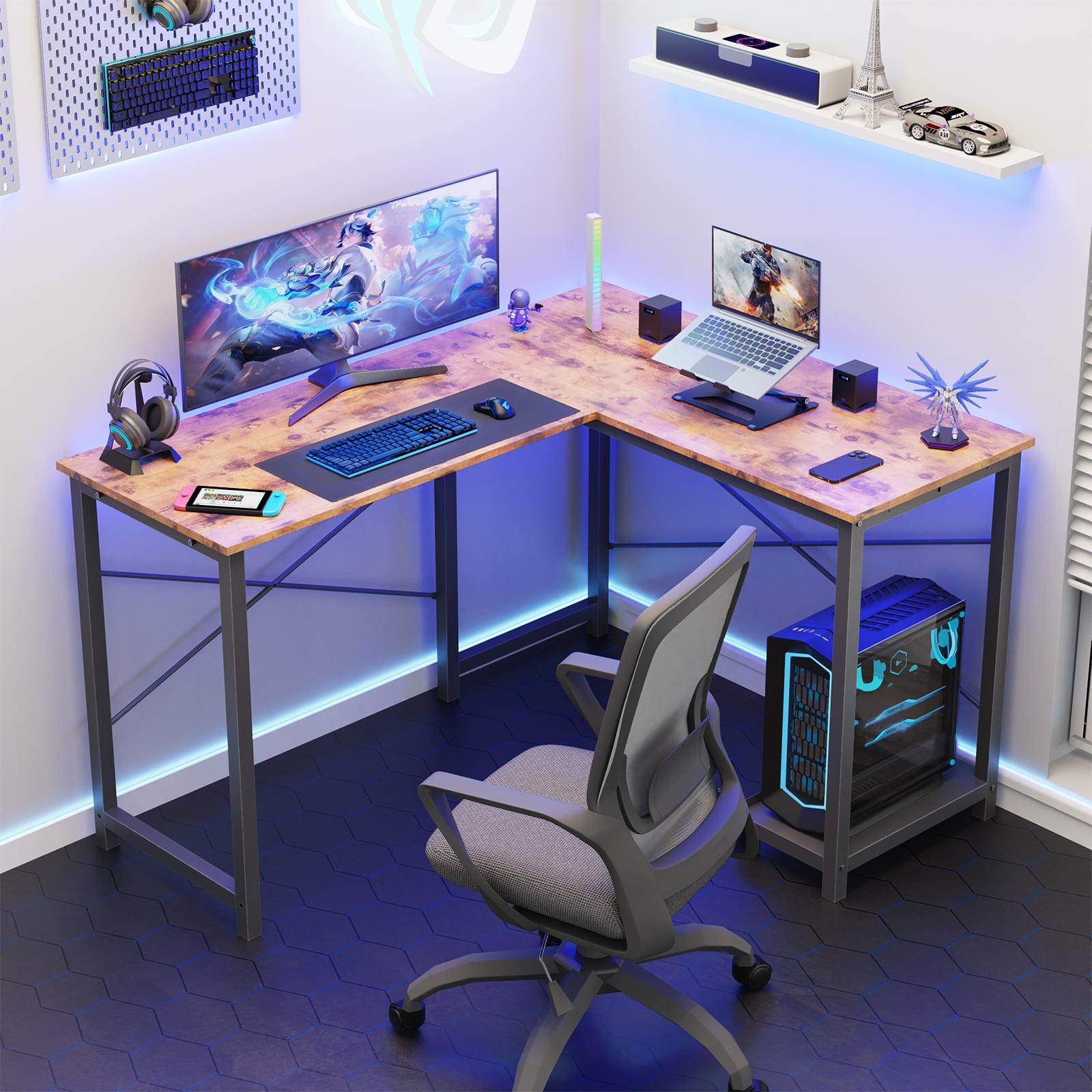 MAYEERTY L Shaped Computer Desk with Wooden Desktop CPU Stand Side Bag , Rustic