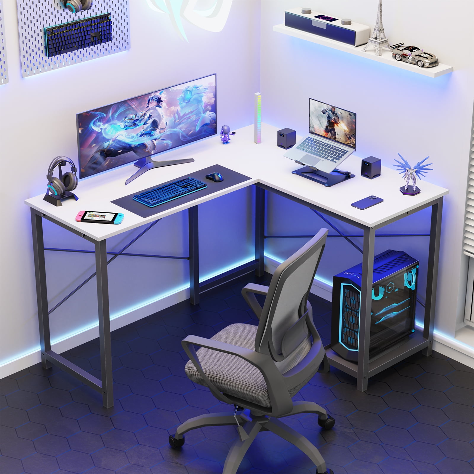 MAYEERTY L Shaped Computer Desk with Wooden Desktop CPU Stand Side Bag , White