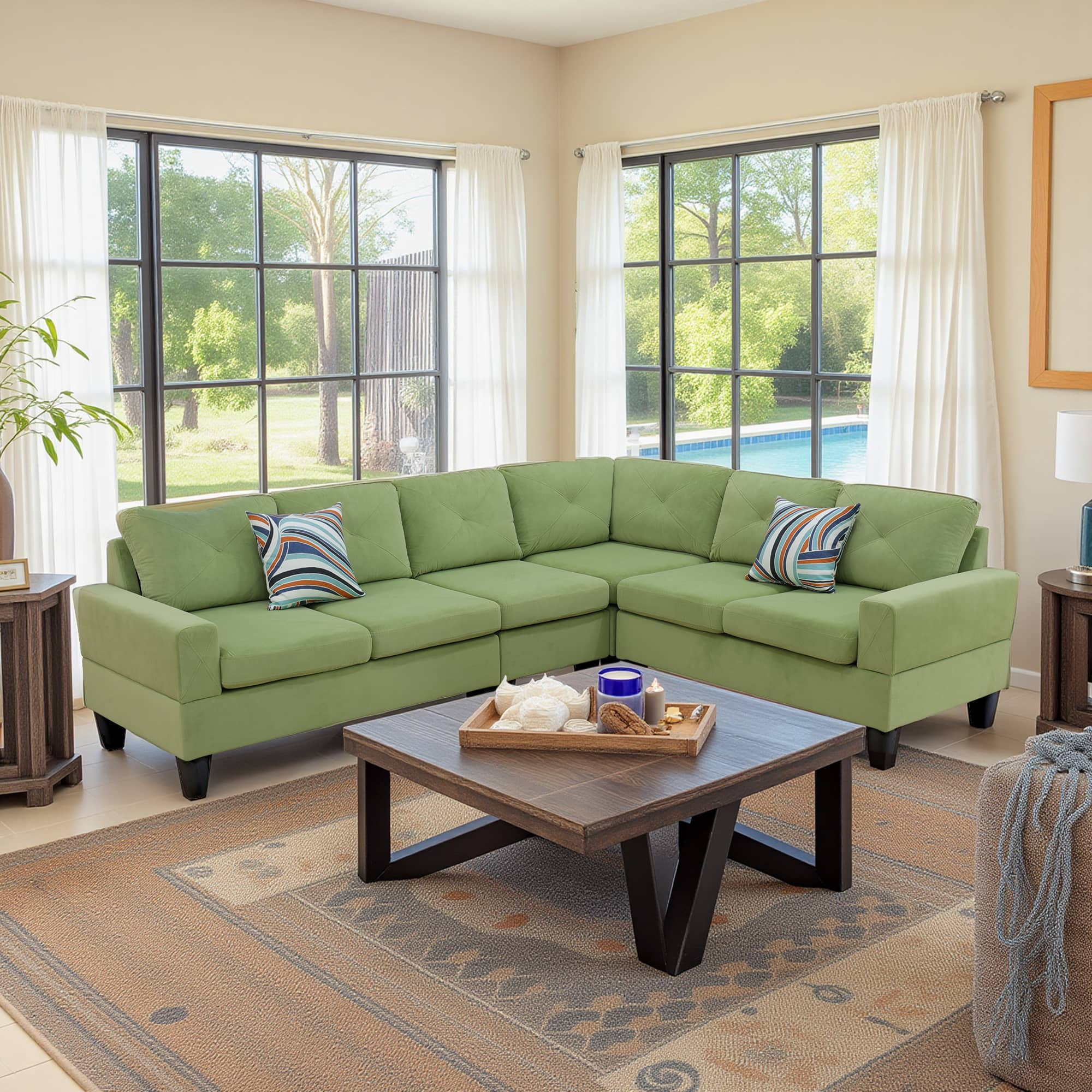 Free Shipping! Dovelina L-Shaped Sectional Sofa Green Flannel