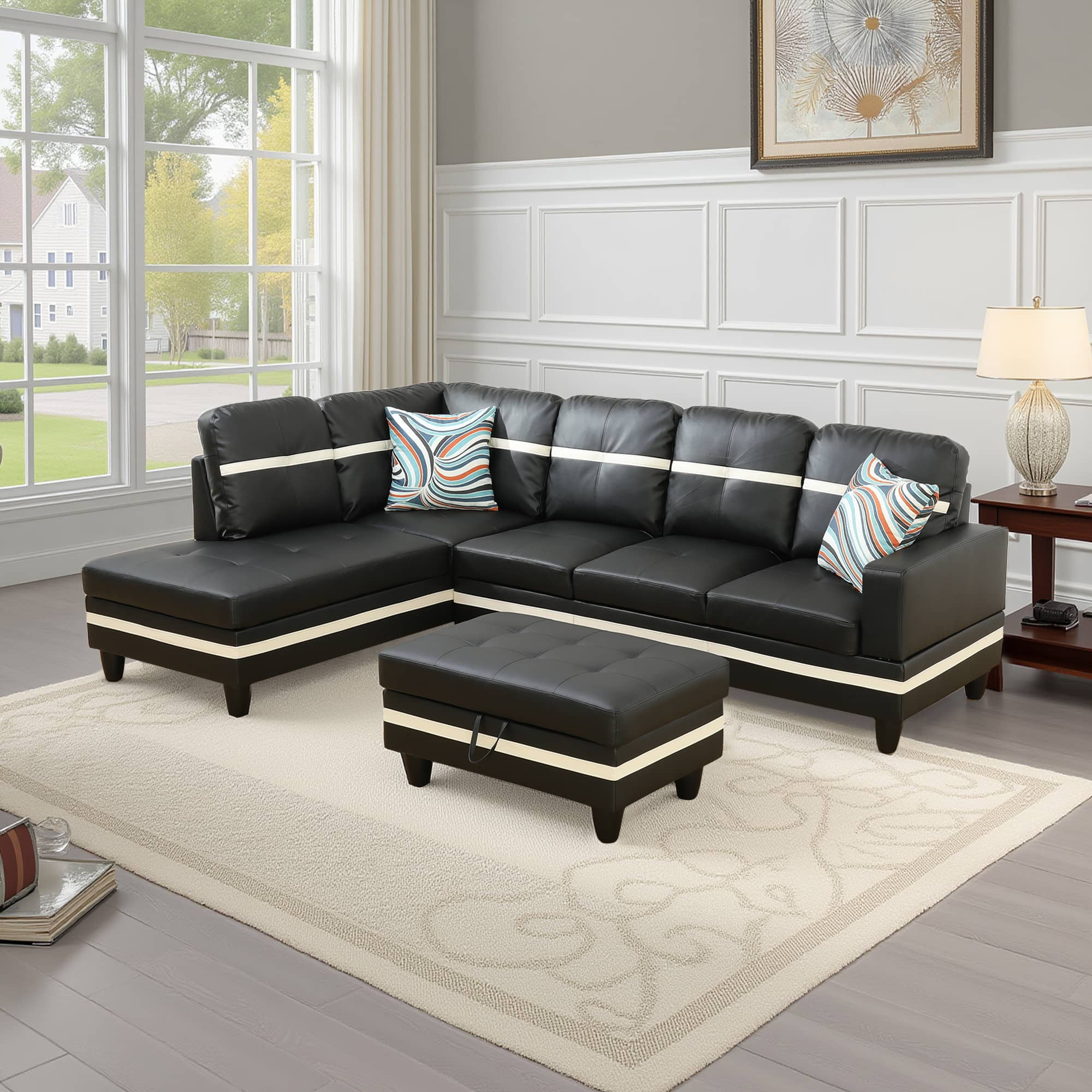 MAYEERTY L-Shaped Sectional Sofa with Storage Ottoman, Semi PU Synthetic Leather Couch Set for Living Room,Black and White