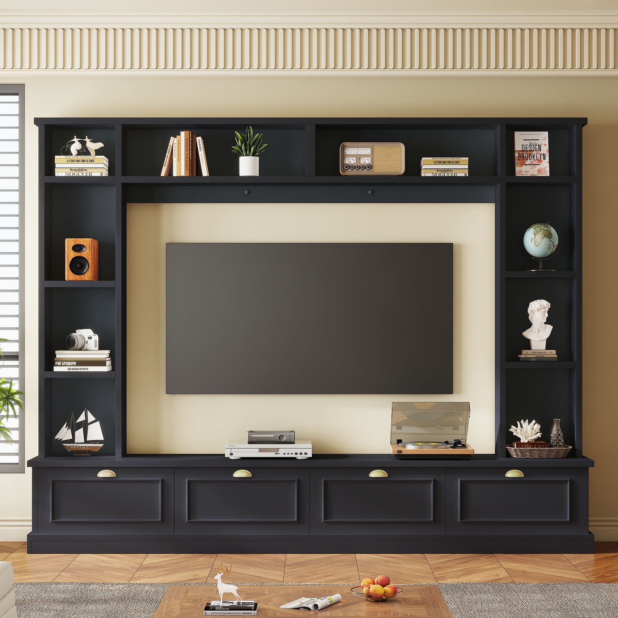MAYEERTY Large Wall Unit Entertainment Center with Bookshelves for TVs Up to 78'', Modern TV Console with Cabinets and Open Shelves, Black