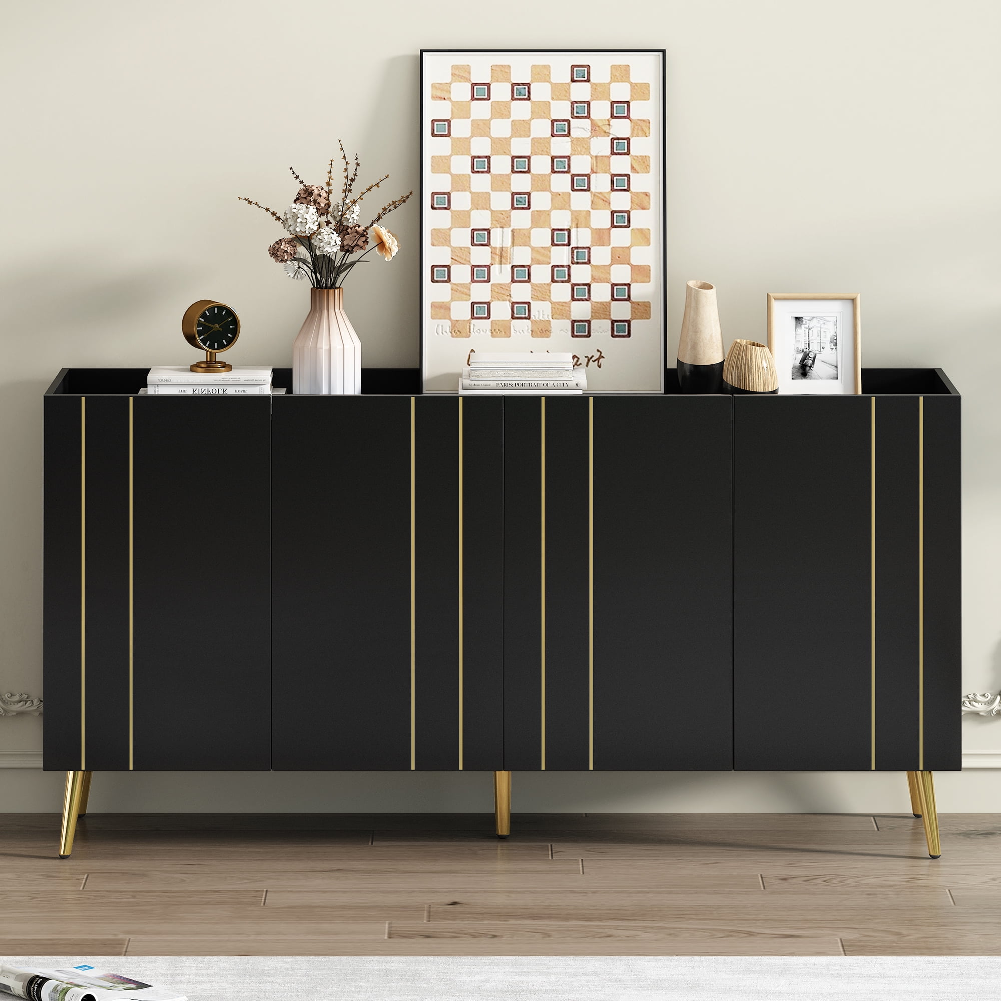 MAYEERTY Luxurious Shoe Cabinet with 5 Metal Legs, Modern TV Stand with 4 Adjustable Shelves for TVs Up to 70", Minimalist Sideboard Cabinet with Gold Lines Doors for Living Room,62.9"x 31.4",Black